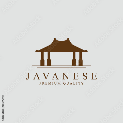 traditional javanese house and tree line art logo vector symbol illustration design