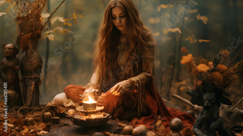Witch performing a ritual with fire in the autumn samhain forest