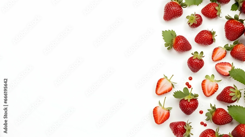 Sweet strawberries scattered on white background, space for text Sweet strawberries scattered on white background, space for text