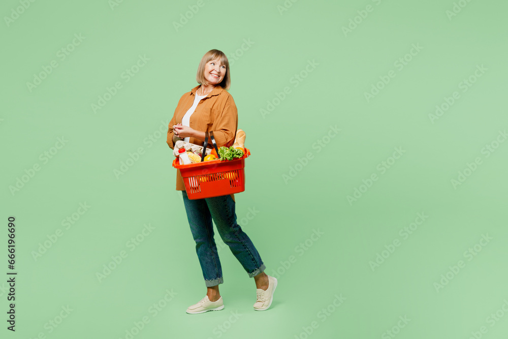 Εκτύπωση καμβά Full body side view elderly woman wear brown shirt casual clothes hold shopping paper bag with food products look aside on area mockup isolated on plain green background