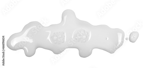 Spilled milk puddle with bubbles isolated on white background and texture, top view