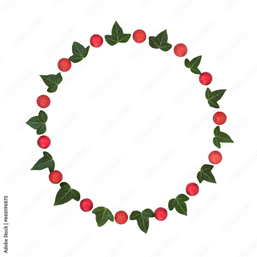 Christmas red bauble and ivy leaf wreath abstract on white. Traditional minimal festive design for greeting card, logo, label, invitation, menu, gift tag. Christmas red bauble and ivy leaf wreath abstract on white. Traditional minimal festive design for greeting card, logo, label, invitation, menu, gift tag.