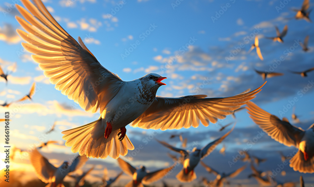 Obraz premium A bird with outstretched wings soars among a flock against the sunset’s glow.