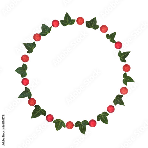 Christmas red bauble and ivy leaf wreath abstract on white. Traditional minimal festive design for greeting card, logo, label, invitation, menu, gift tag.