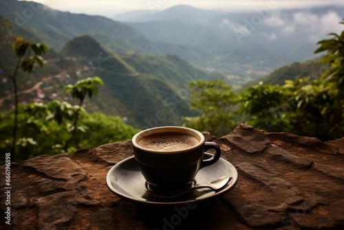Aromatic coffee amidst scenic landscapes. Generative AI
