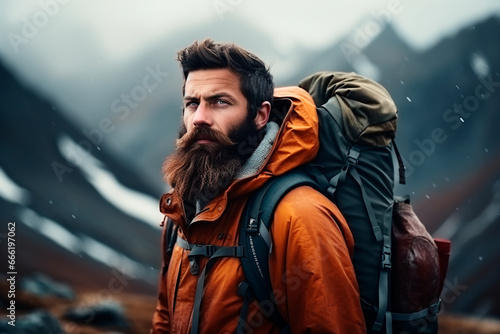 A bearded brutal man in mountain clothes and a backpack climbs the mountain. © Uliana