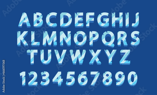 Cartoon Blue Ice Crystal Font Type, Uppercase Alphabet And Digit Signs. Abc Letters, Winter Frozen Letters Set