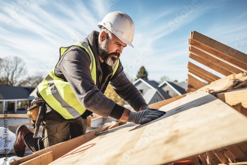 Mature man in hardhat is working on the construction of a wooden frame house. Male roofer is in the process of strengthening the wooden structures of the roof of a house. photo