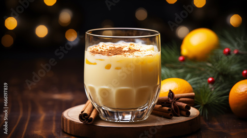 Enjoy a festive, cinnamon-spiced eggnog in a glass with wintery fir boughs on a shadowy background.