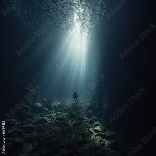 Divers are on cliffs and sea troughs adventuring on the seabed in the morning and evening with the beauty of natural rocks and coral moss  good for business  marine  blogs  websites etc. Generative Ai