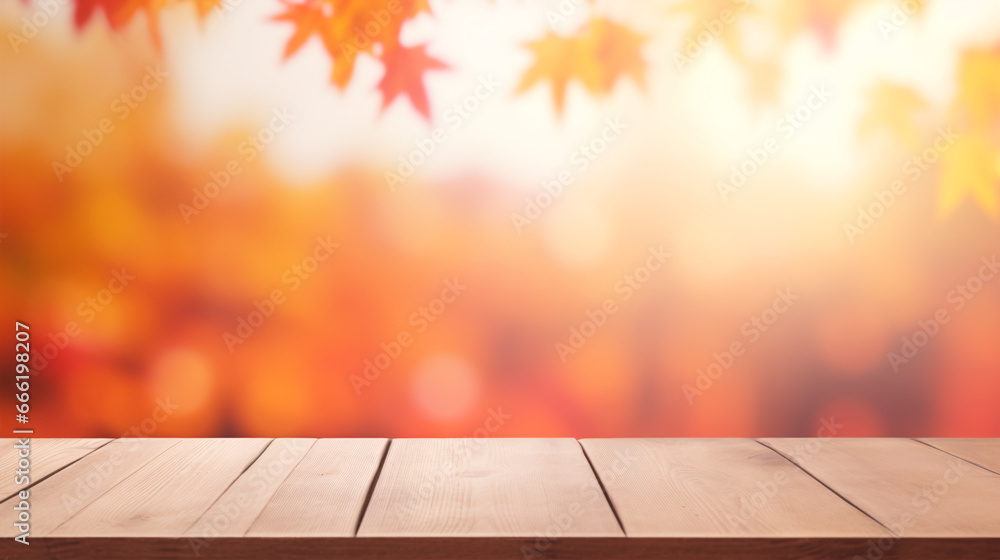 A wooden table stands out against a hazy Fall backdrop of red-yellow foliage. - obrazy, fototapety, plakaty 