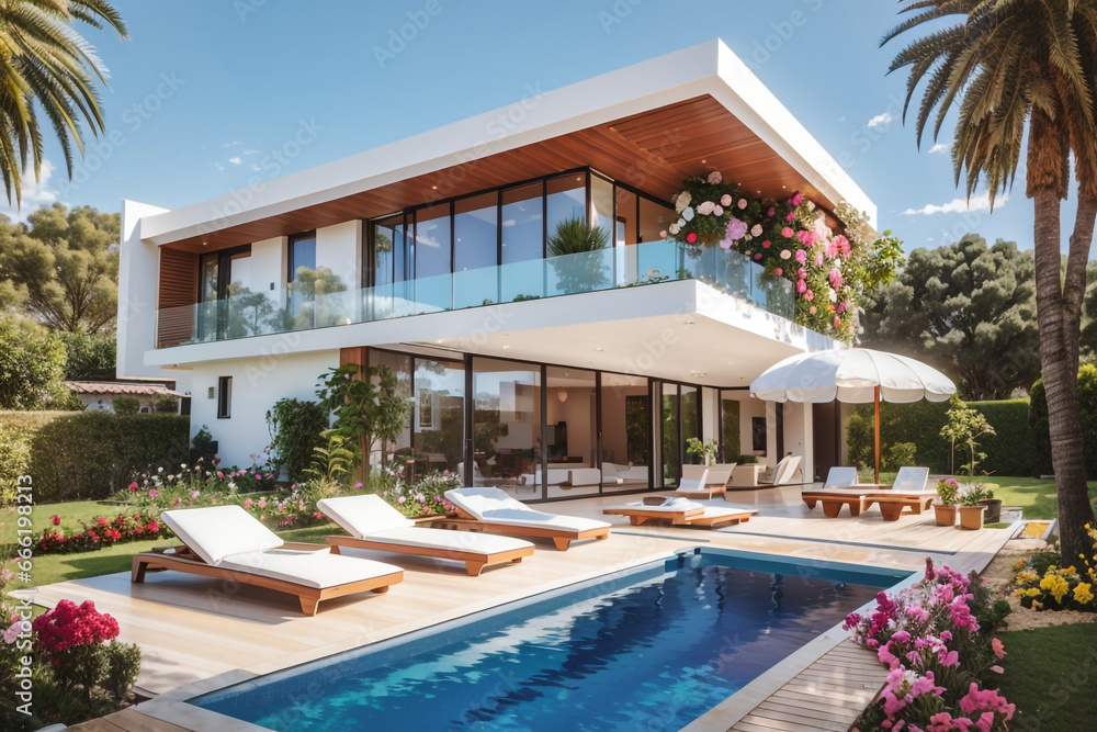 modern luxury duplex house with a beautiful flower garden and pool 