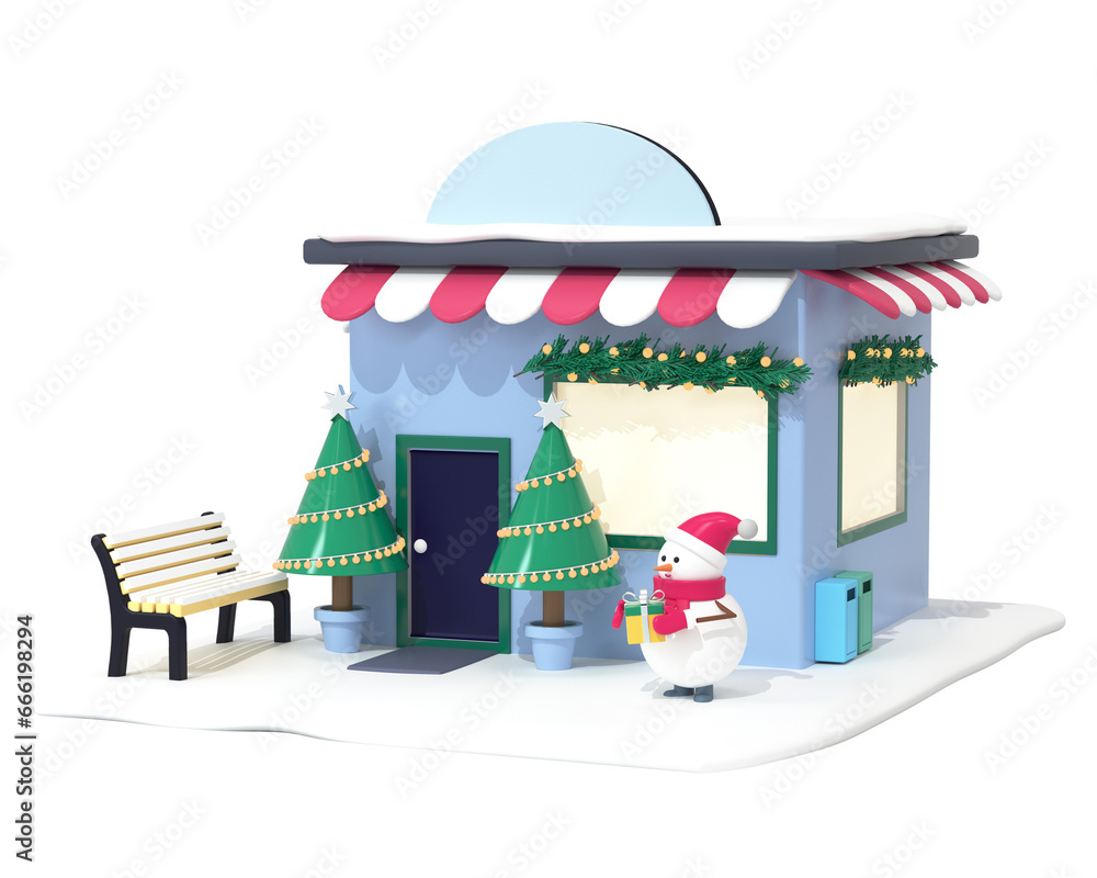 Cute winter shop for Christmas and New Year. The concept of a Christmas store decorated for the new year. The snowman bought a gift for the new year. 3d, render, illustration, design, concept.