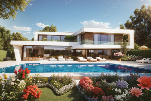 modern luxury duplex house with a beautiful flower garden and pool  © Tripura jouty