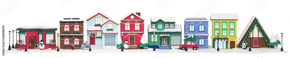 Neighborhood with residential Christmas houses. The concept of a Christmas street decorated for the new year. resident snowmen are getting ready for the new year. 3d render illustration design concept Neighborhood with residential Christmas houses. The concept of a Christmas street decorated for the new year. resident snowmen are getting ready for the new year. 3d render illustration design concept