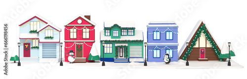 Winter neighborhood with residential New Year's houses. The concept of a street decorated for the new year. resident snowmen are getting ready for the new year. 3d render illustration design concept