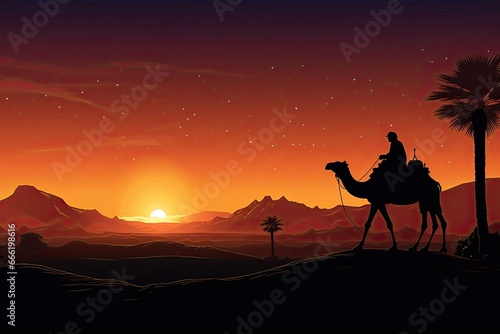 a silhouette of an arab man riding a camel in desert with sun in background