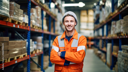 Smiling employee at warehouse with arms crossed. © PixelGallery