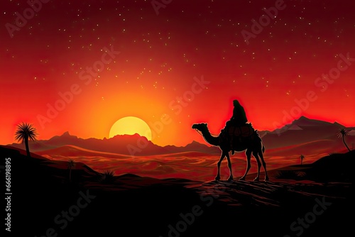 a silhouette of an arab man riding a camel in desert with sun in background
