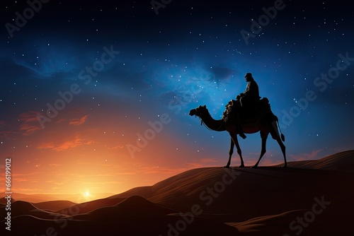 a silhouette of an arab man riding a camel in desert with sun in background