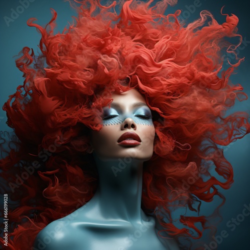 surreal woman with red hair under the storm