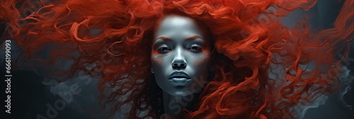 surreal woman with red hair under the storm