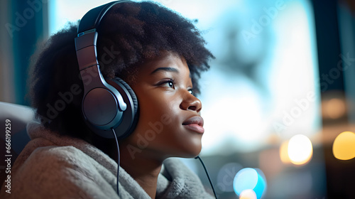 Photographie african descendant girl listening to music with headphones
