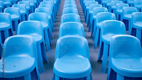 Rows of Blue Plastic Stools.