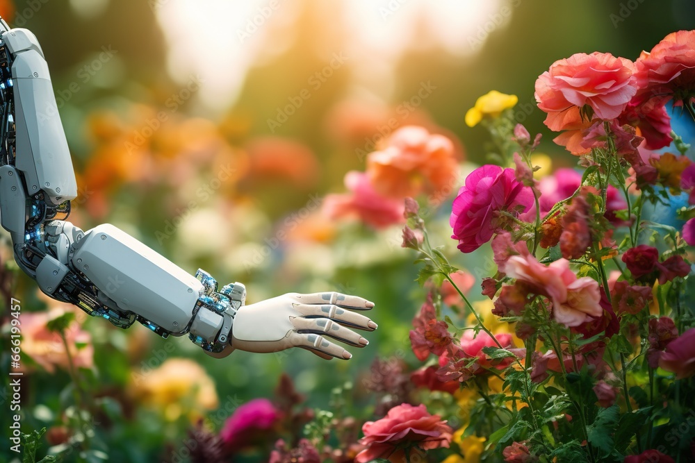 a sci-fi humanoid robot hand in a beautiful nature garden reaching out and touching beautiful flowers. - obrazy, fototapety, plakaty 