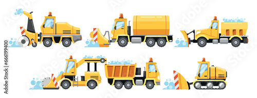 Heavy Snowplow Transport Set. Truck-mounted Plows, Snowcat Vehicles, And Snow Blowers Specialized Machines, Vector