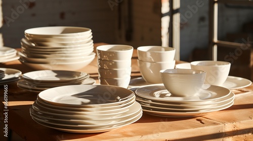 set of white dishes on the tabletop on a sunny morning.
