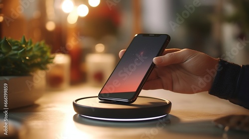 Smartphone wireless charging on charging stand on kitchen tabletop. male hand placing phone to charging. photo