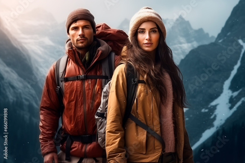 A woman and a man in mountain clothes and backpacks climb the mountain.