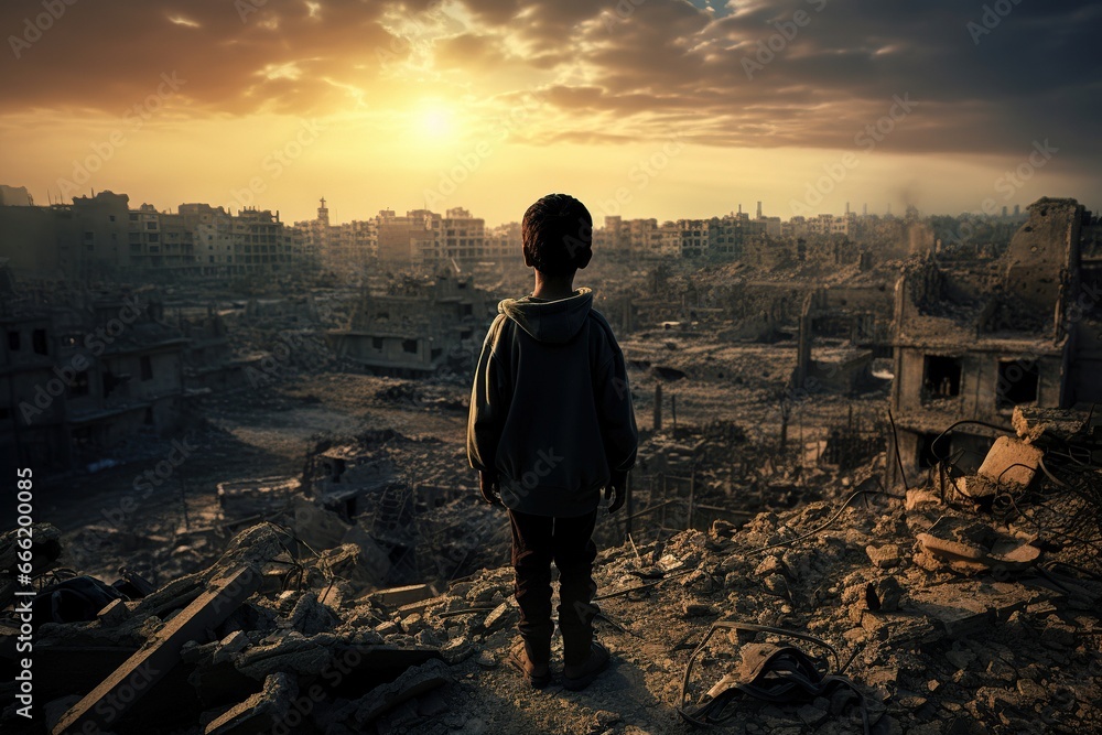Fototapeta premium Small child stands amidst the ruins of a city destroyed by bombing in the Middle East