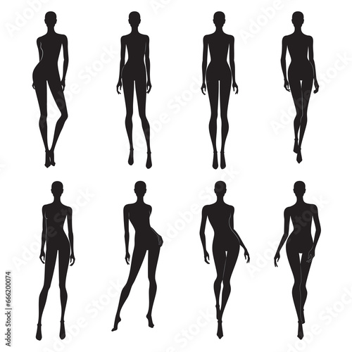 Vector set of  female human body silhouettes in black color, isolated fashion illustration, on white background