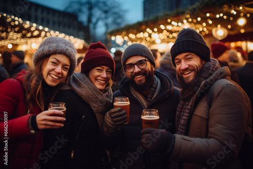 group of work friends drinking at christmas markets 