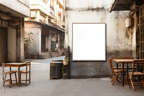Side view at outdoor street alley with rough concrete wall and row of table and chair of street food stall with mockup empty, blank poster on the wall over table