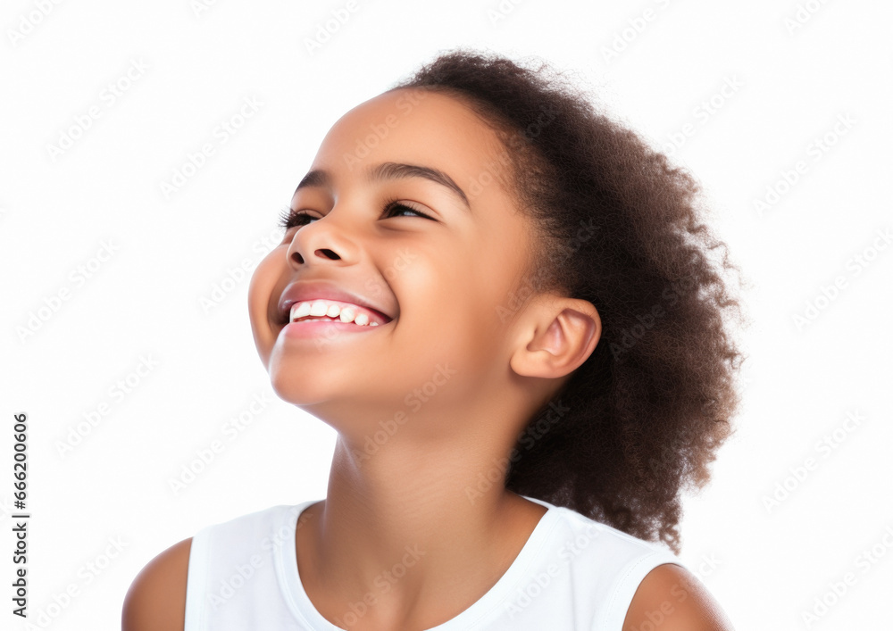 African American girl smiling isolated on white background. AI generative. African American girl smiling isolated on white background. AI generative.