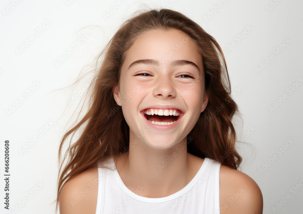 Caucasian girl smiling isolated on white background. AI generative. Caucasian girl smiling isolated on white background. AI generative.