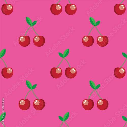 Red cherry seamless pattern on colorful background. Vector illustration.