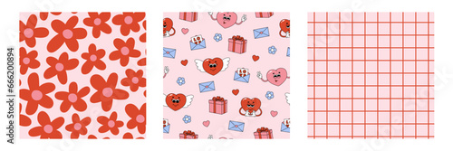Set of Valentines day groovy seamless patterns. Funky backgrounds and texture in trendy retro cartoon style