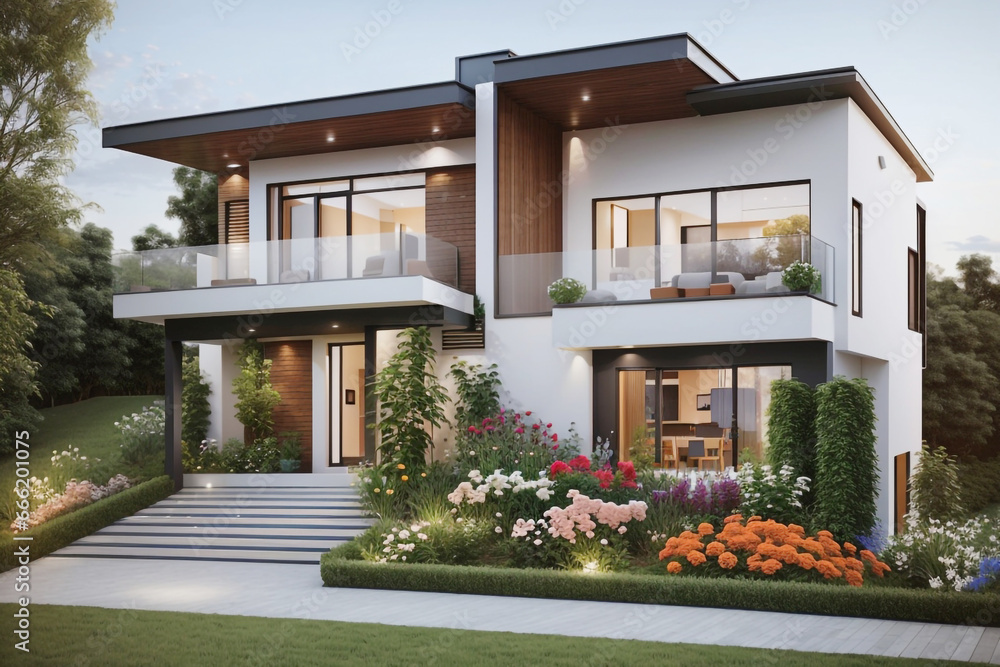 Obraz premium A Modern luxury house with a beautiful flower garden