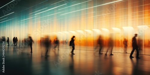 Crowded public place with people passing walking in city traffic flow motion blur effect. Cinematic light Generative AI