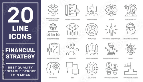Financial strategy vector icons set. Business and finance web icon set - outline icon collection, vector Editable Stroke. EPS 10