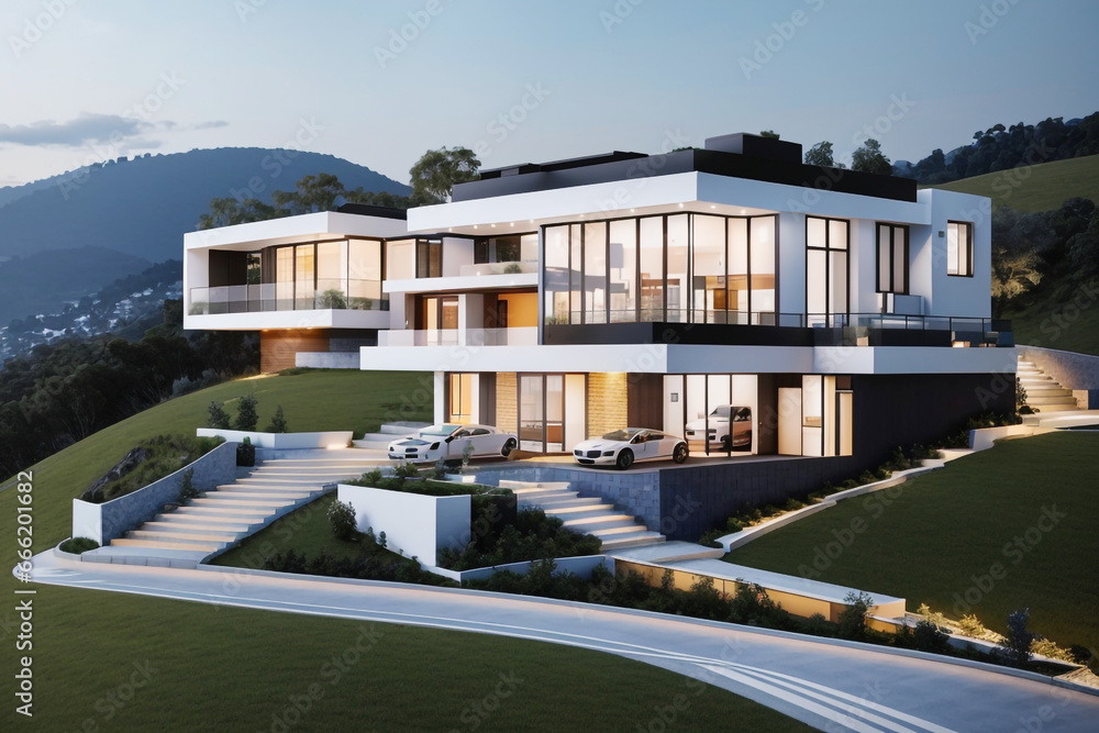 modern luxury duplex house with a flower garden and pool on the hill evening view modern luxury duplex house with a flower garden and pool on the hill evening view