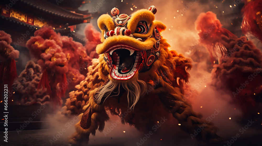Dragon or lion dance show barongsai in celebration chinese lunar new year festival. Generative AI - obrazy, fototapety, plakaty 