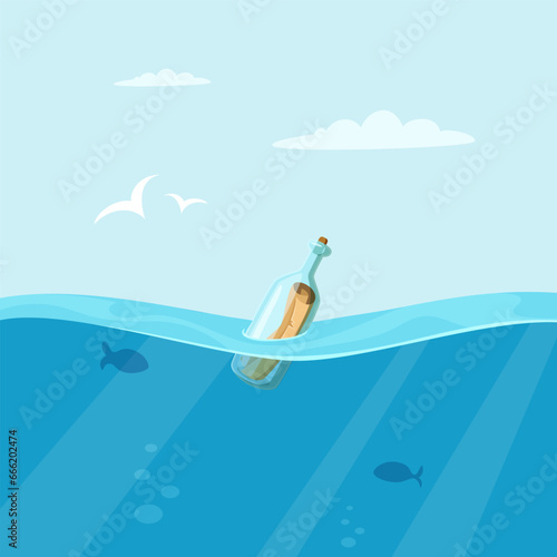 Bottle in sea. Outdoor background with open sea space. Vector marine landscape