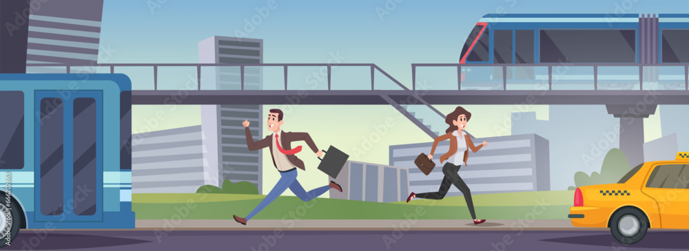 Fototapeta premium Active businessman. Running boss or managers with suitcases exact vector cartoon background