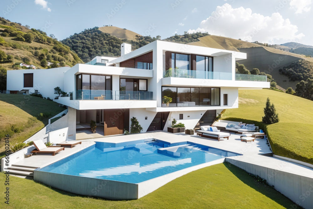 modern luxury duplex house with a flower garden and pool on the hill evening view modern luxury duplex house with a flower garden and pool on the hill evening view