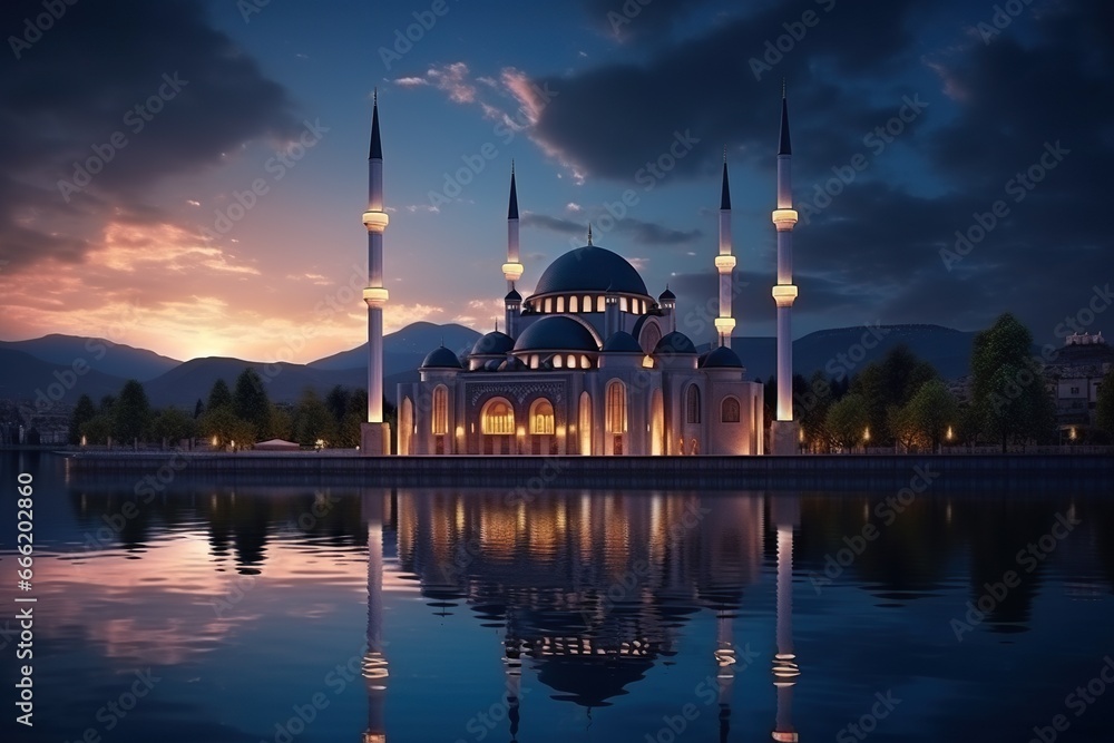 architectural beautiful Religious Islamic Grand Mosque masjid at night with the reflection in lake